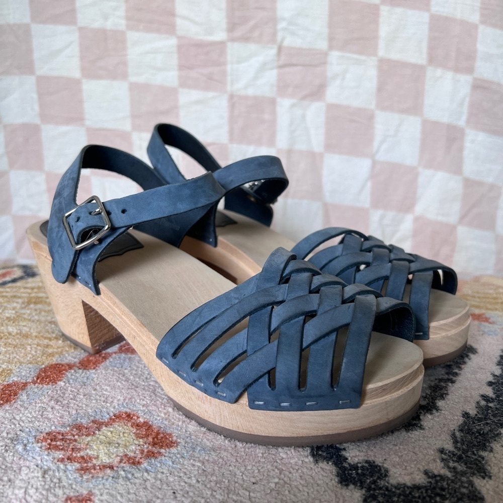 Swedish Hasbeens mid heel clogs in nubuck leather